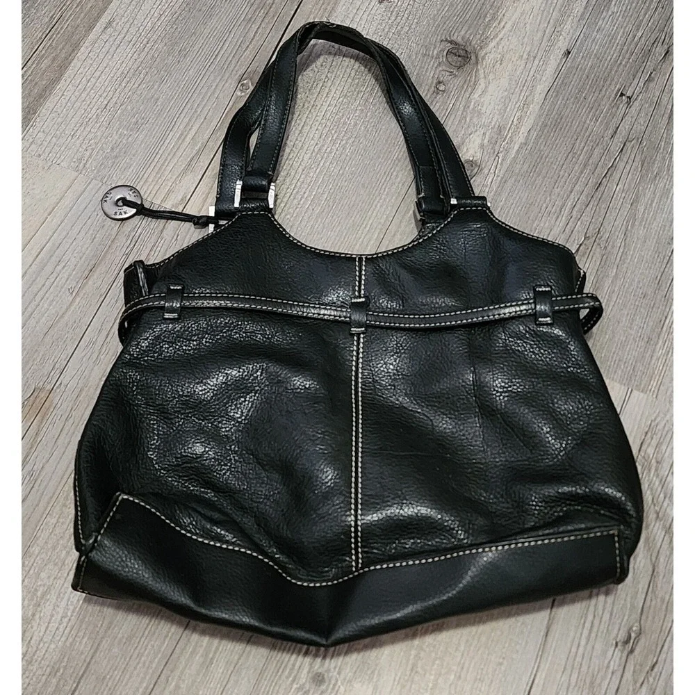 The Sak Pebbled Leather Contrast Stitch Gingham Lining‎ Shoulder Handbag Black